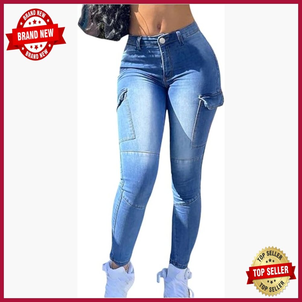 Stretchy Skinny Cargo Jeans With Flap Pockets High Rise Denim Pants